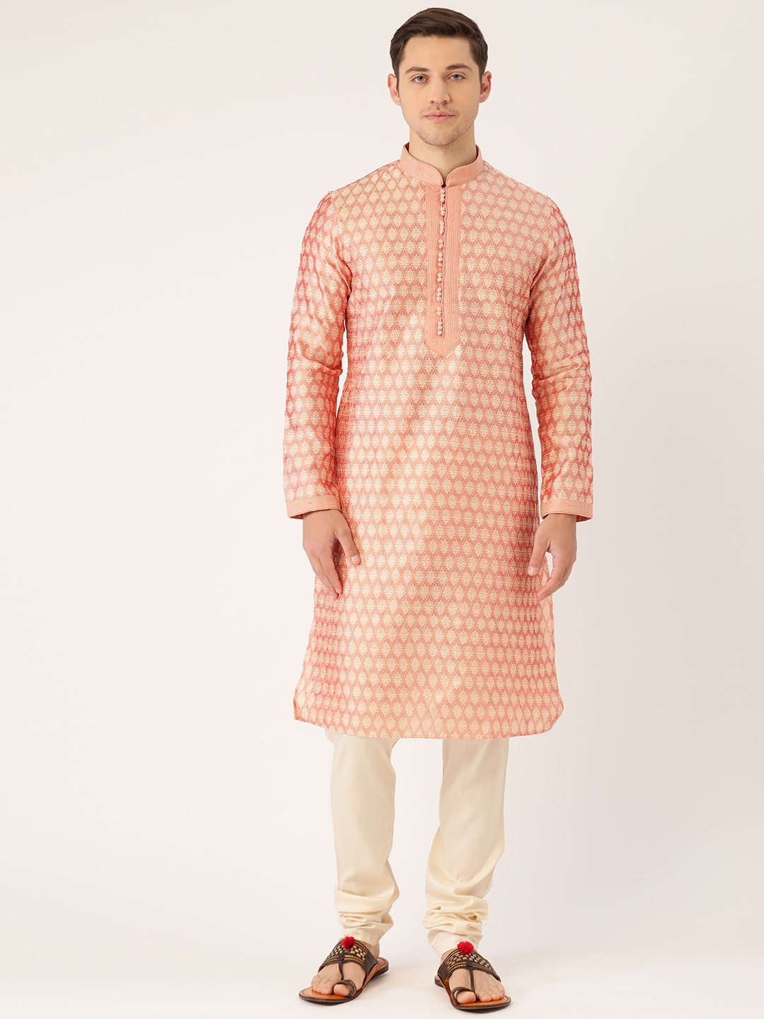 

Manyavar Men Peach-Coloured & Off-White Jacquard Woven Design Kurta with Churidar