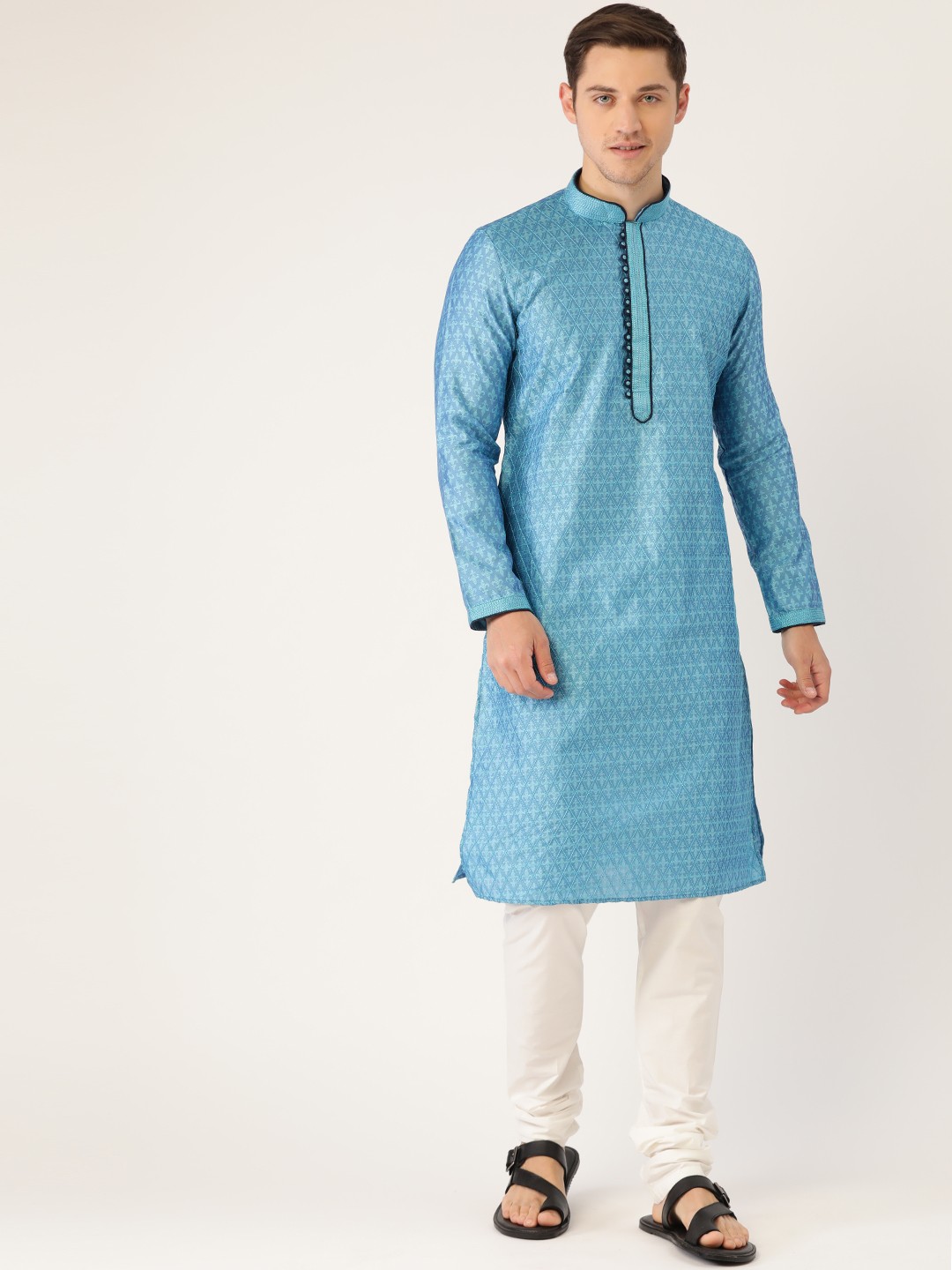 

Manyavar Men Blue & White Self Design Kurta with Churidar
