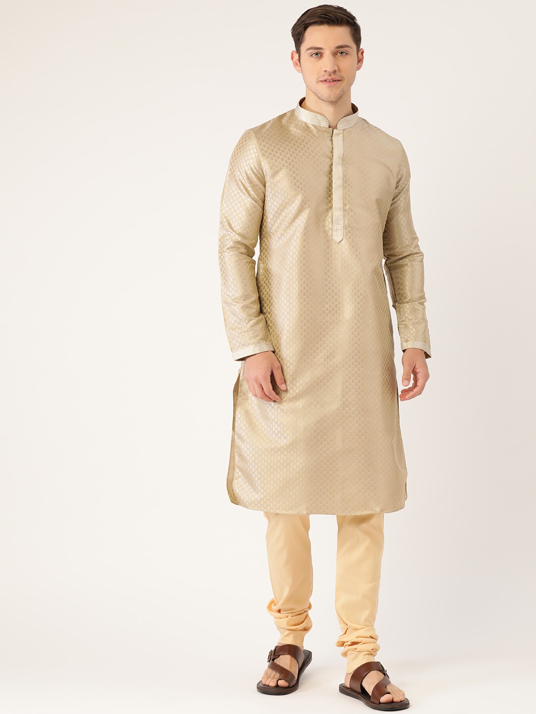 

Manyavar Men Cream-Coloured & Beige Brocade Weave Self Design Kurta with Churidar