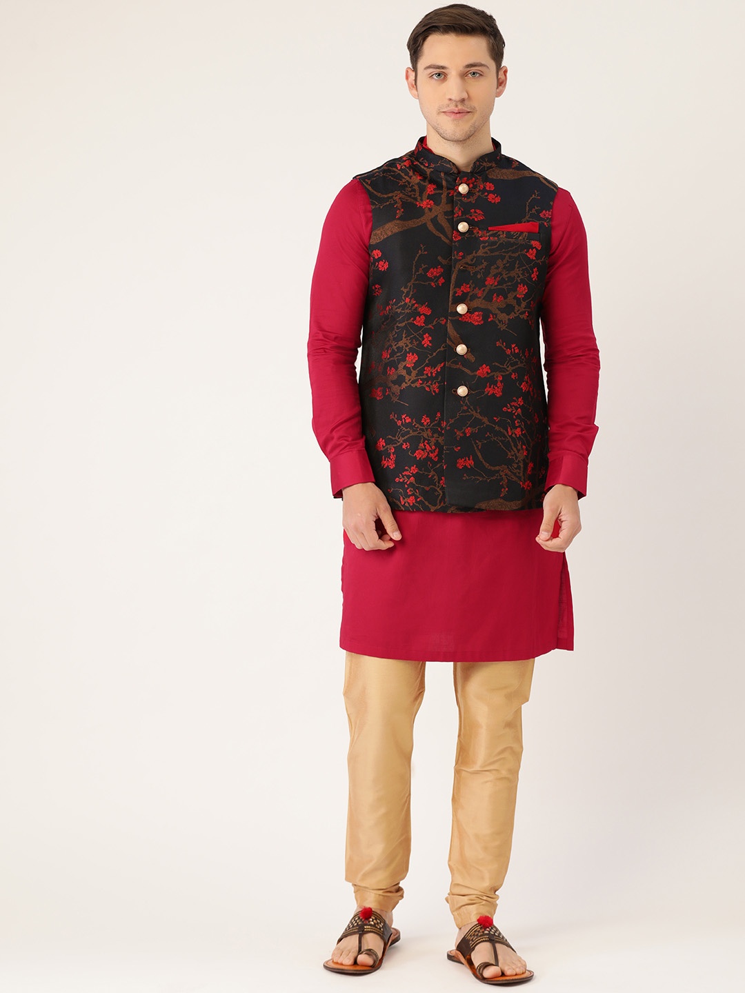 

Manyavar Men Red & Beige Solid Kurta with Churidar & Nehru Jacket