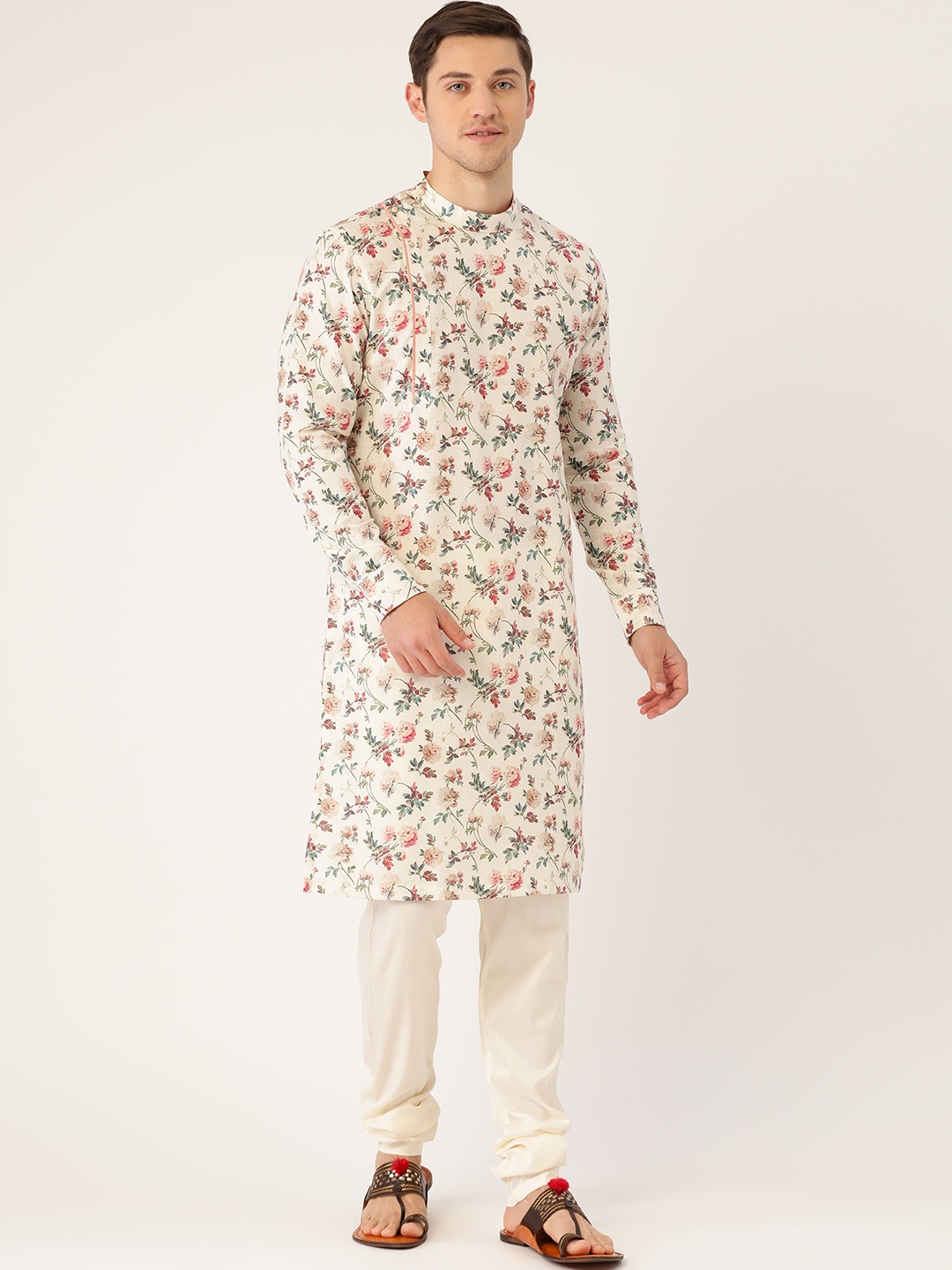 

Manyavar Men Off-White & Pink Floral Print Straight Kurta