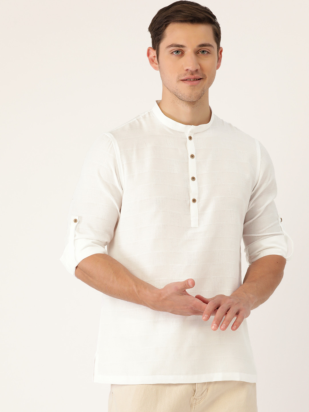 

Manyavar Men White Self-Design Short Kurta