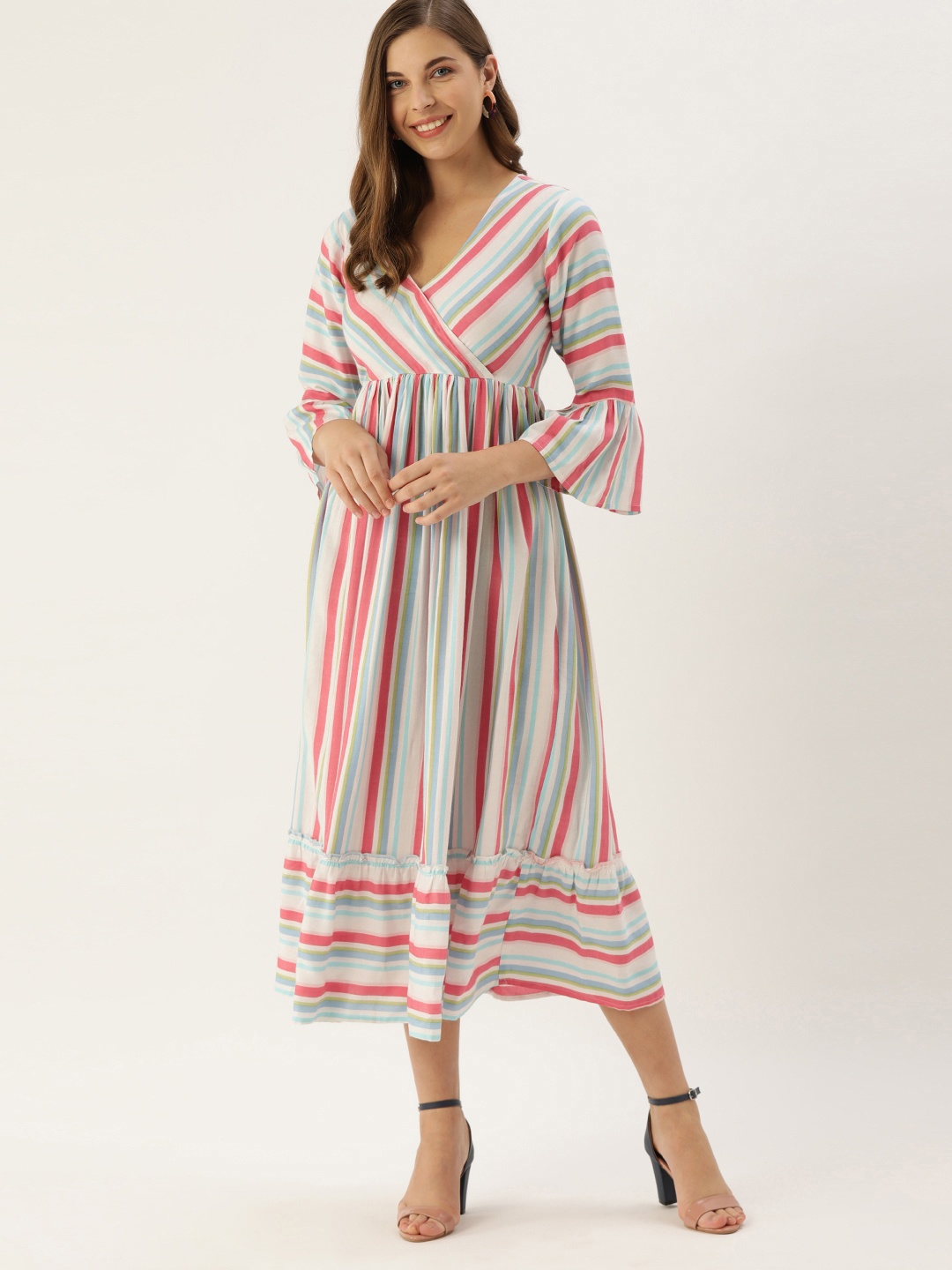 

The Dry State Women White & Pink Striped Wrap Dress