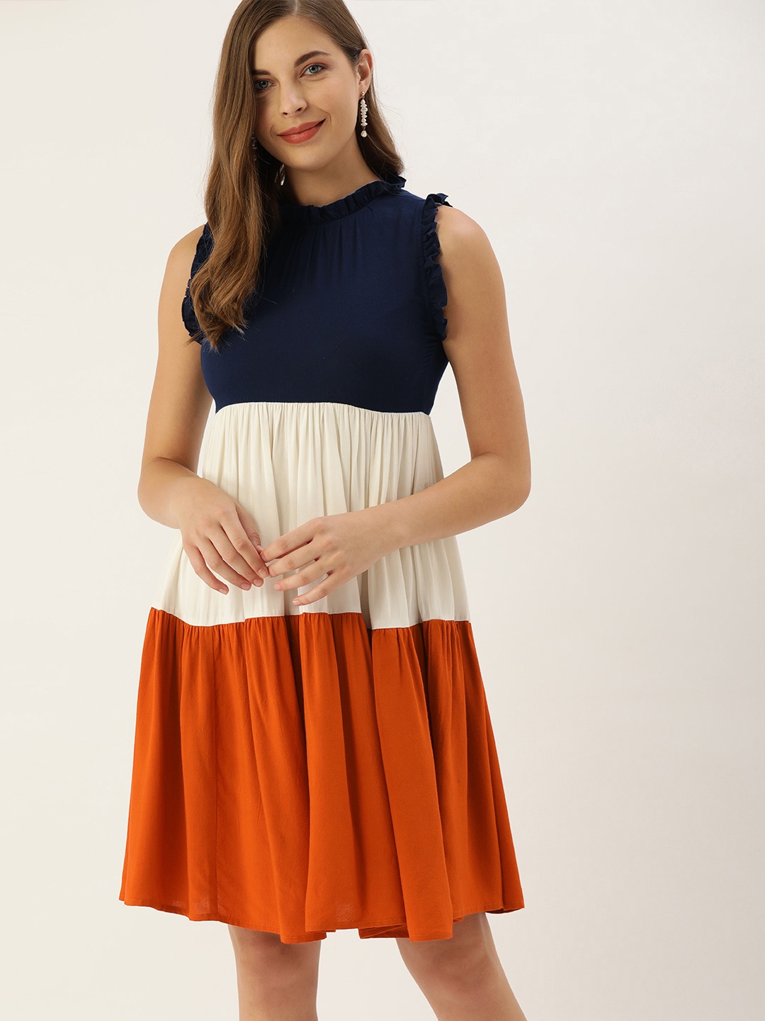 

The Dry State Women Navy Blue & White Colourblocked Tiered A-Line Dress