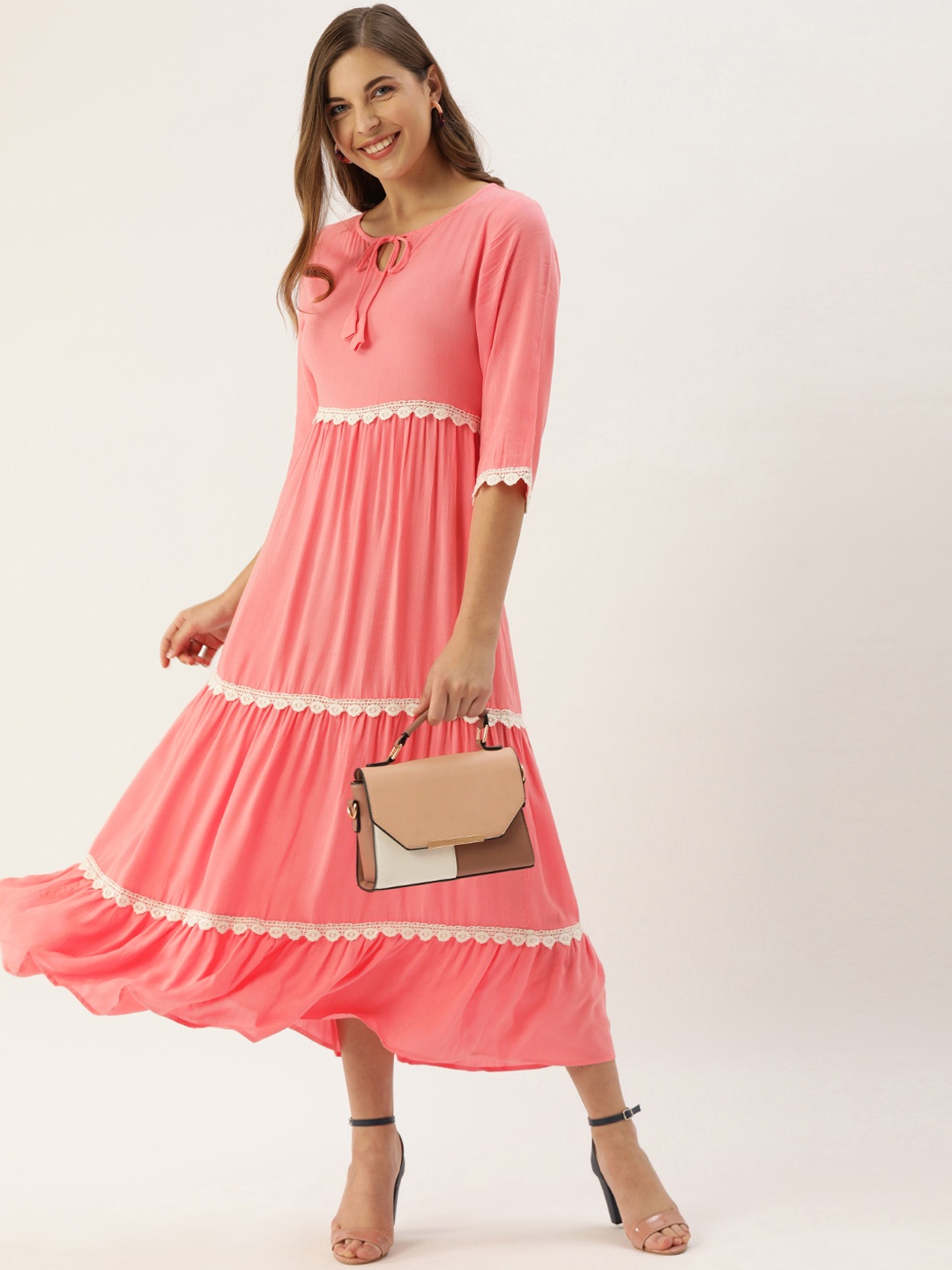 

The Dry State Women Peach-Coloured Solid Tiered Maxi Dress with Lace Inserts Detailing