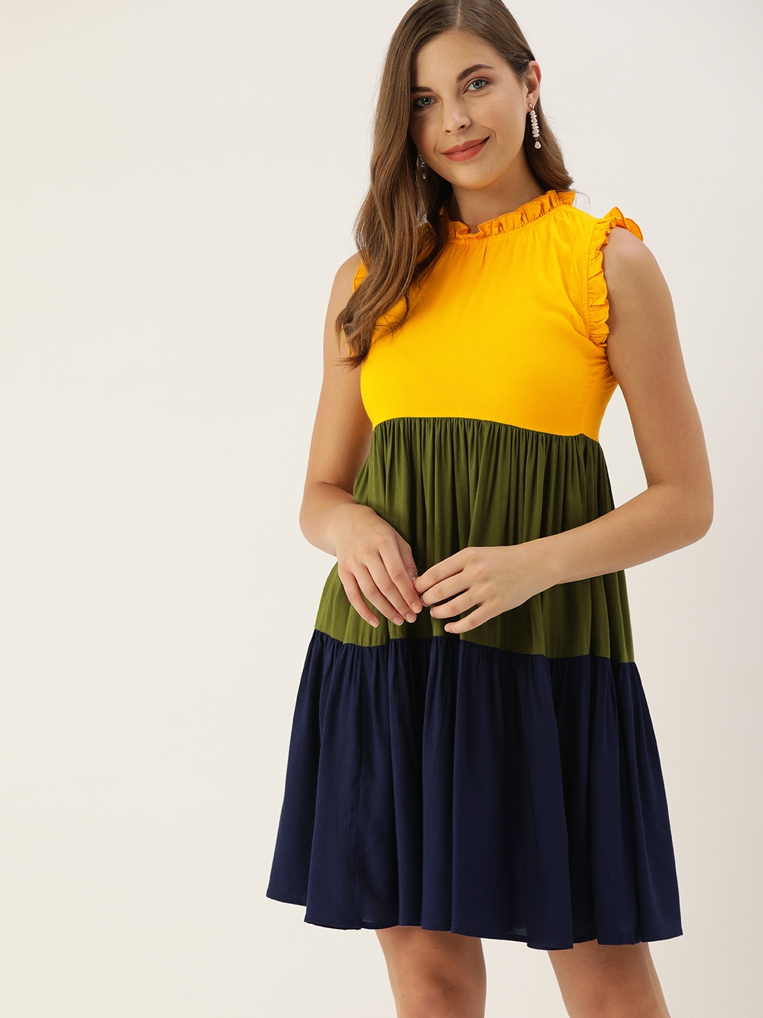 

The Dry State Women Yellow & Olive Green Colourblocked Tiered A-Line Dress