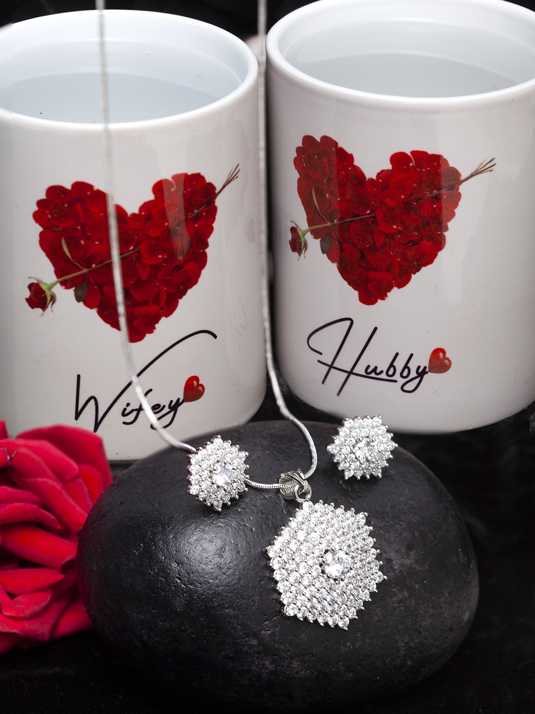 

PANASH Rhodium-Plated Silver-Toned & White AD-Studded Handcrafted Sustainable Jewellery Set With 2 Magic Couple Mugs