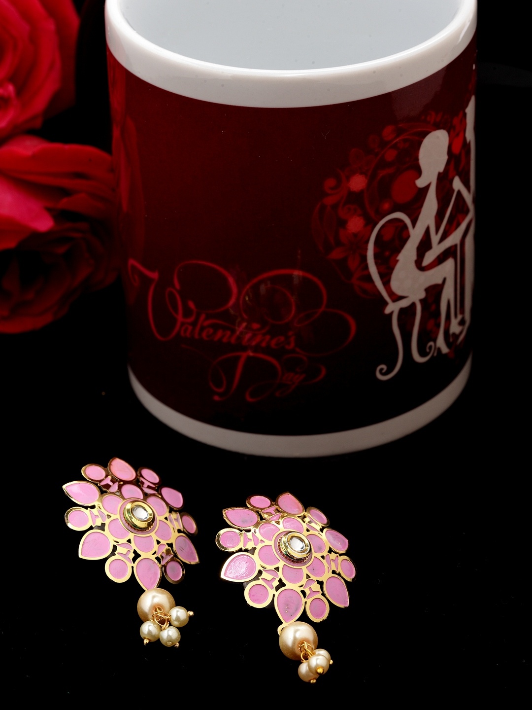 

PANASH Pink & Gold Plated Enamelled Floral Drop Earrings With Magic Mug