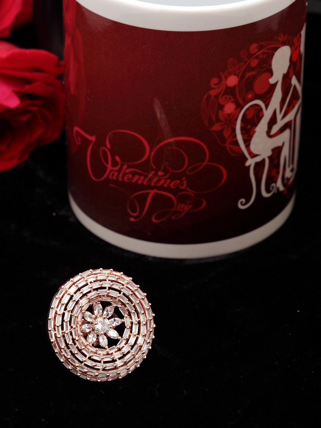 

PANASH Rose Gold-Plated White AD-Studded Handcrafted Sustainable Finger Ring with Magic Love Mug