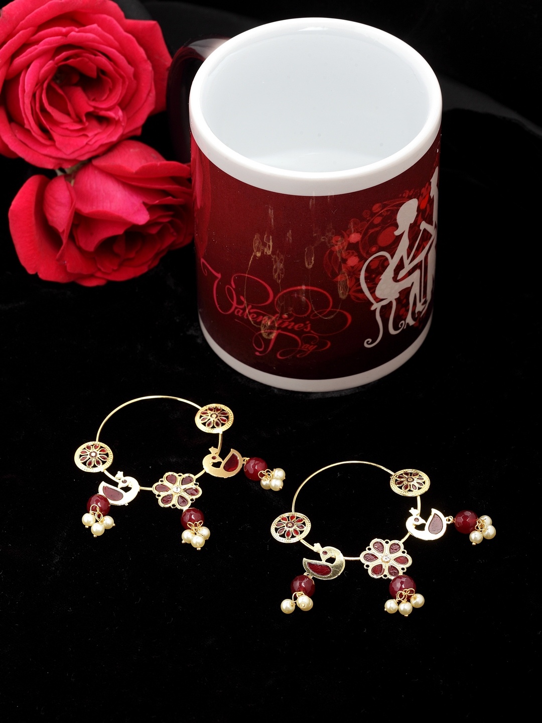 

PANASH Gold-Toned & Maroon Contemporary Hoop Earrings With Magic Mug