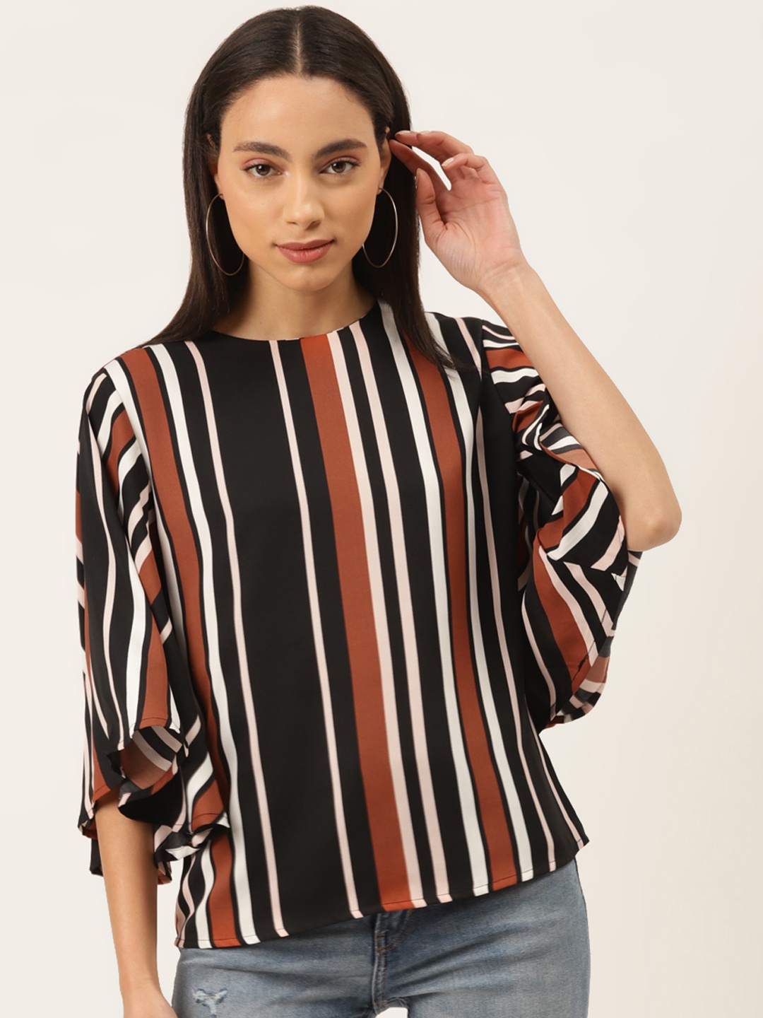 

Madame Women Black & Brown Striped Flared Sleeves Top