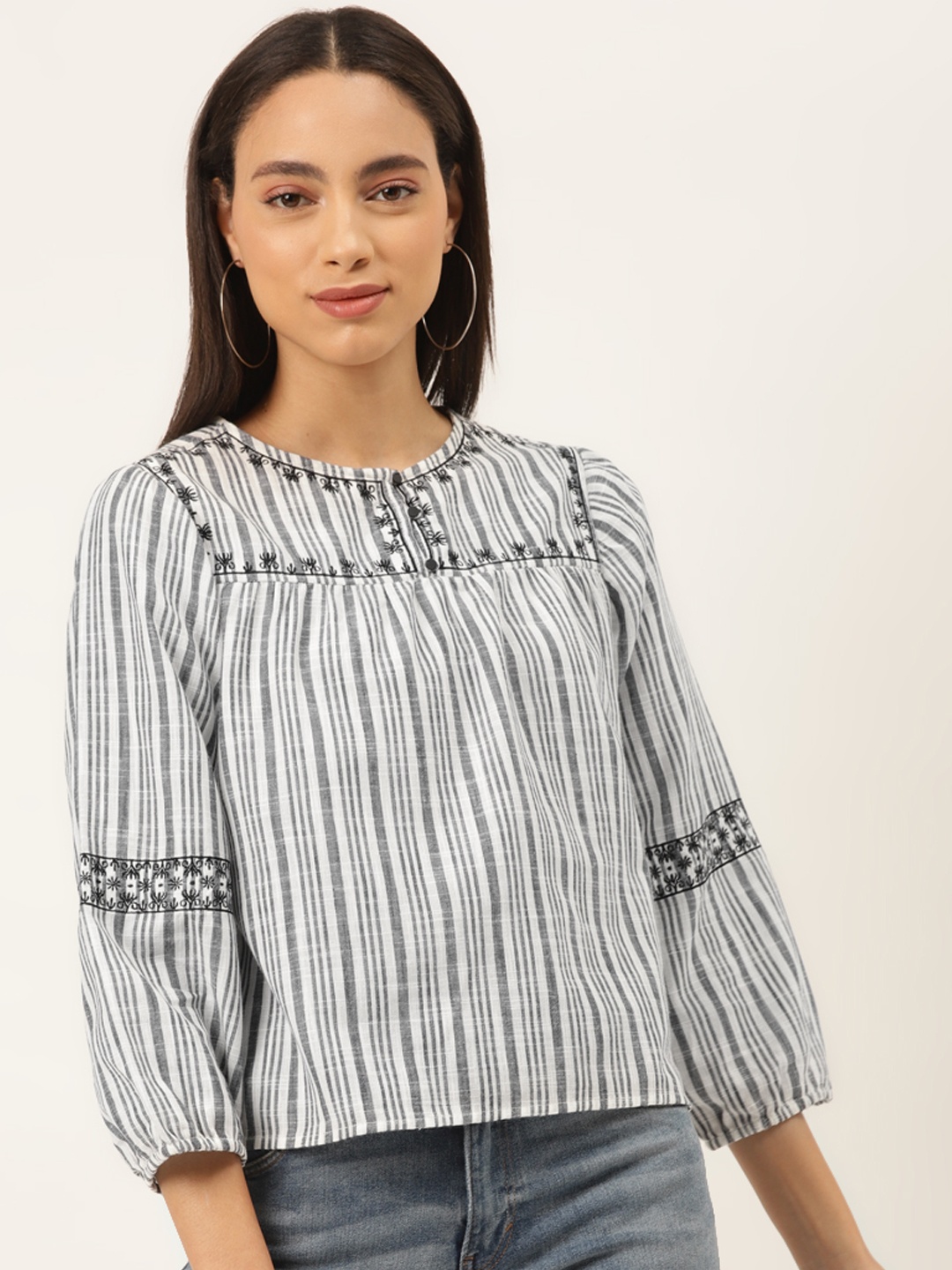 

Madame Women White & Navy Striped Top