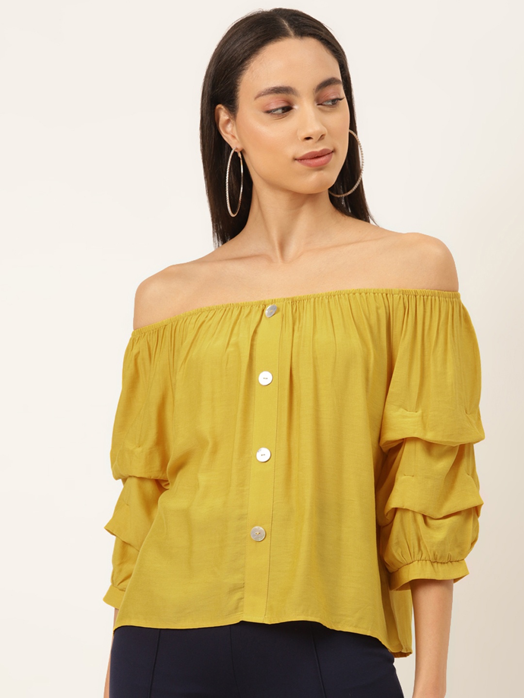 

Madame Women Mustard Yellow Solid Bardot Top With Puff Sleeves