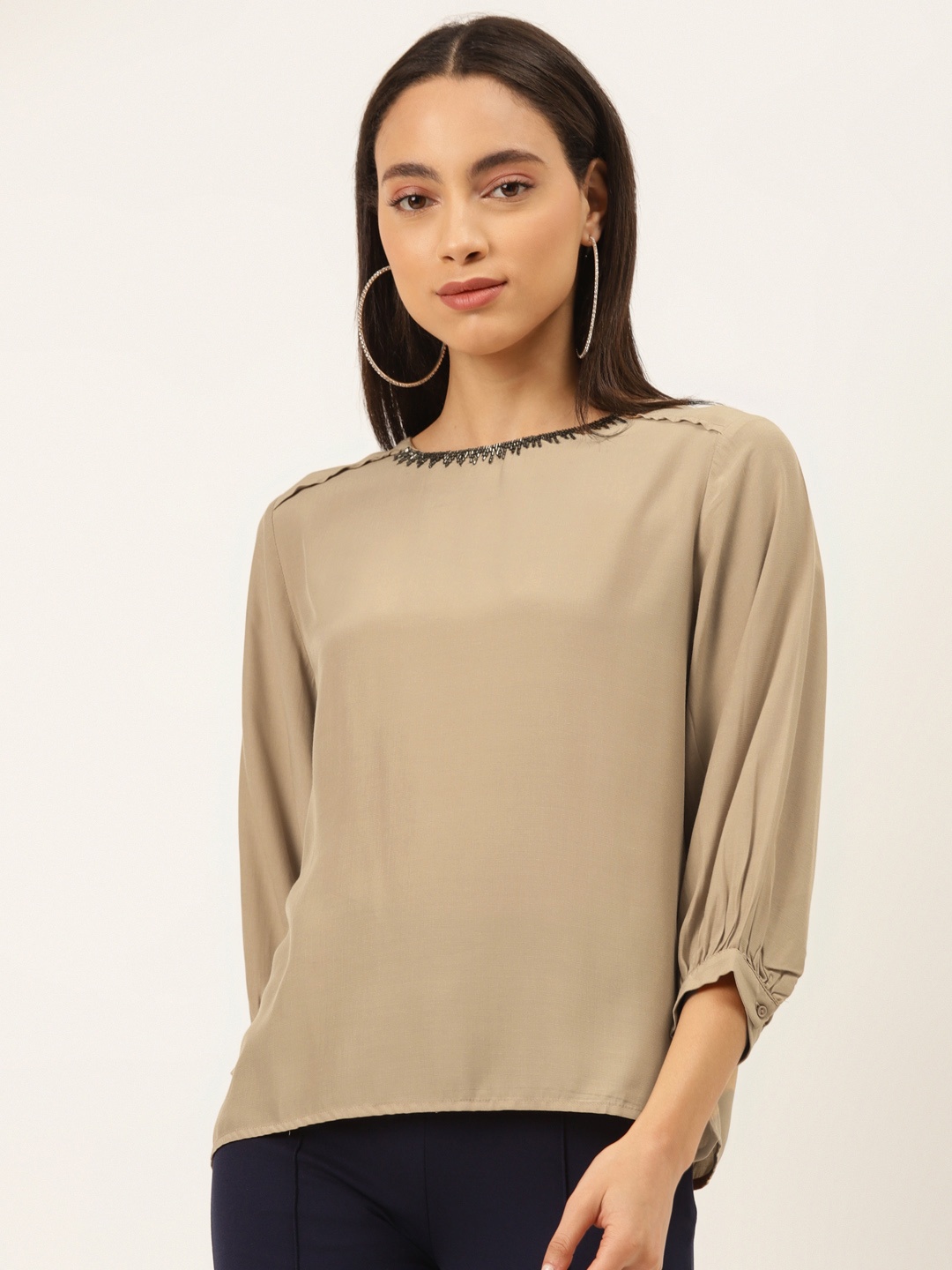 

Madame Women Beige Jewel Neck Top