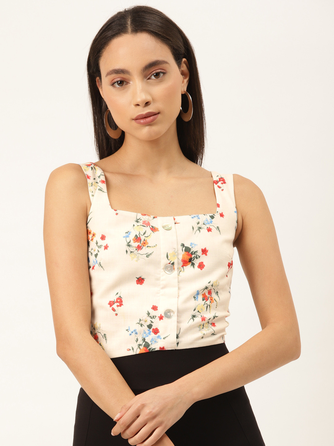 

Madame Women Off-White & Red Floral Print Crop Fitted Top with Smocked Detail