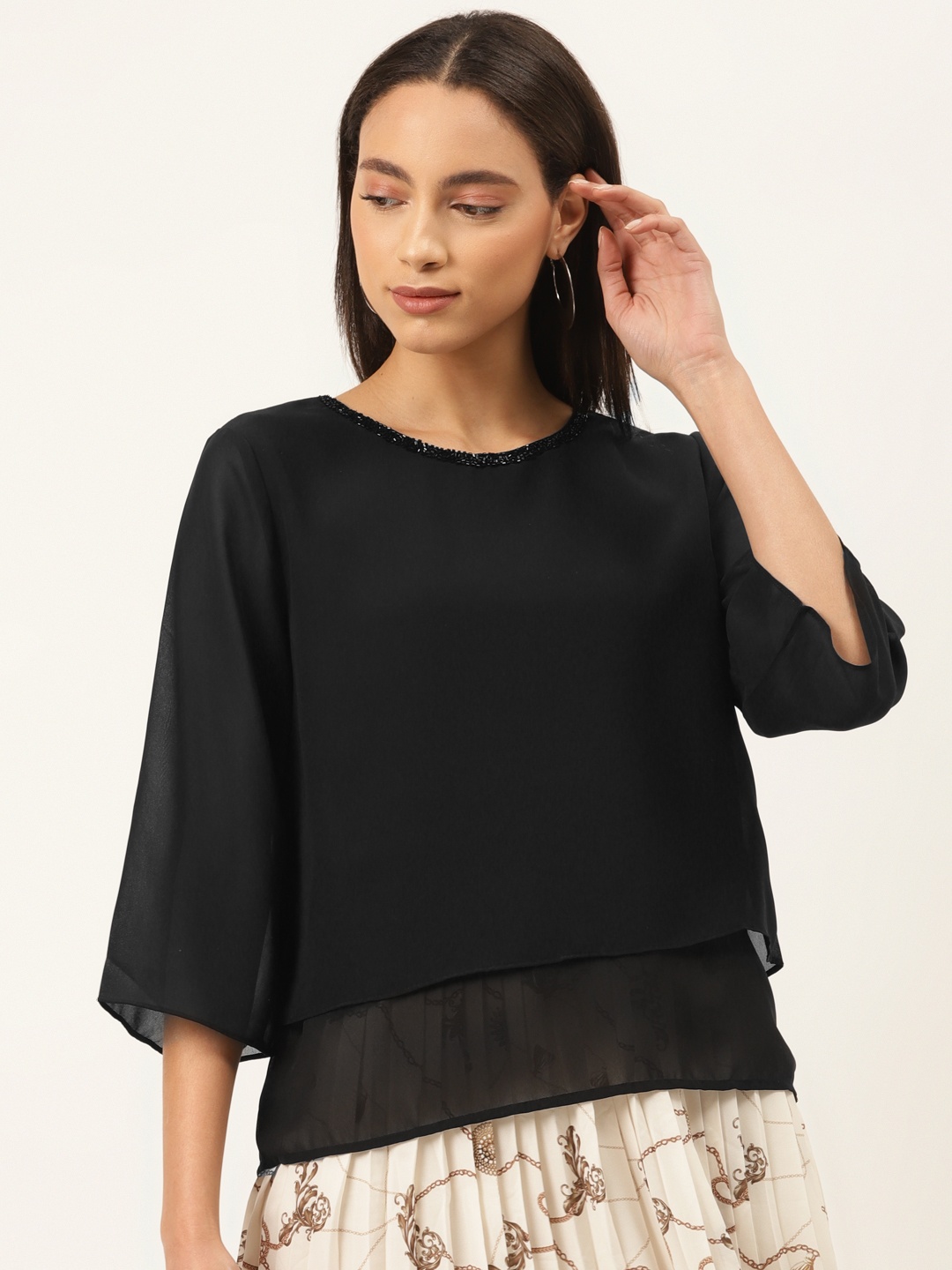 

Madame Women Black Solid Layered Top with Embellished Detail