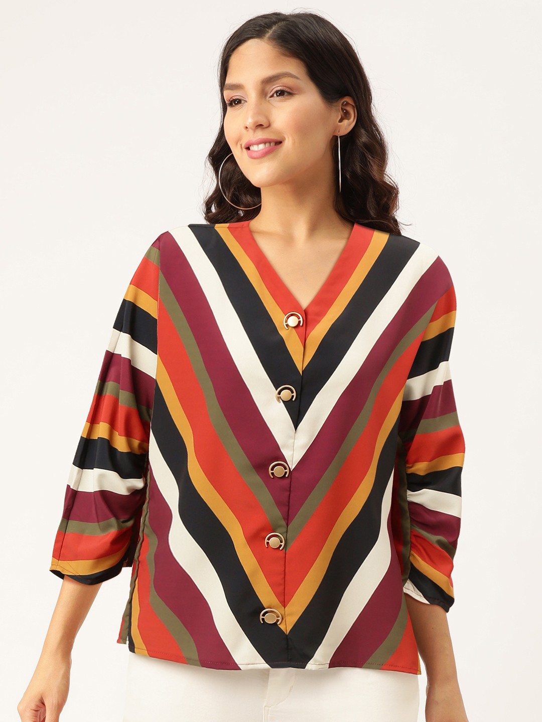 

Madame Women Multicoloured Striped A-Line Top, Multi