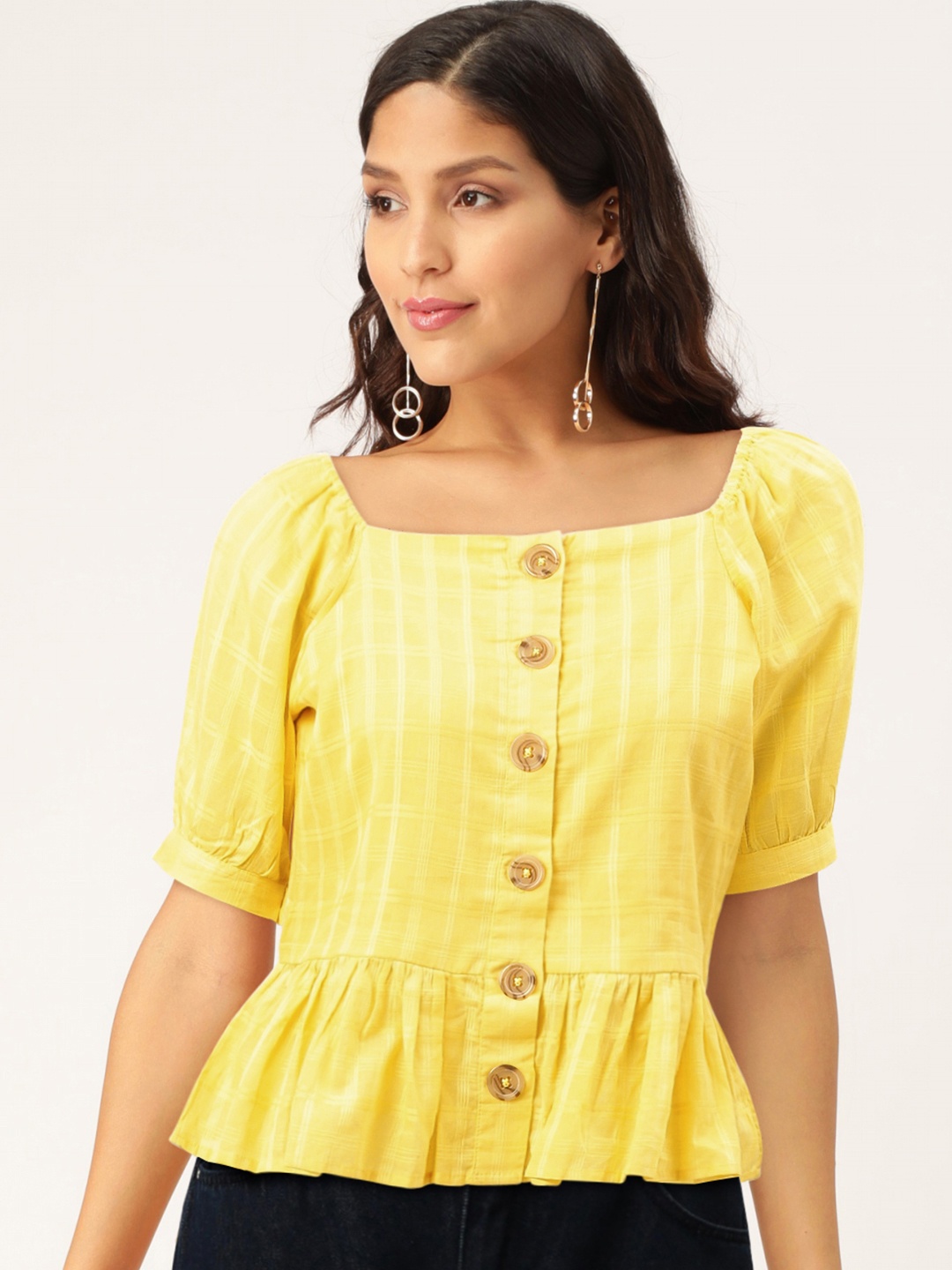 

Madame Women Yellow Self-Checked Pure Cotton A-Line Top