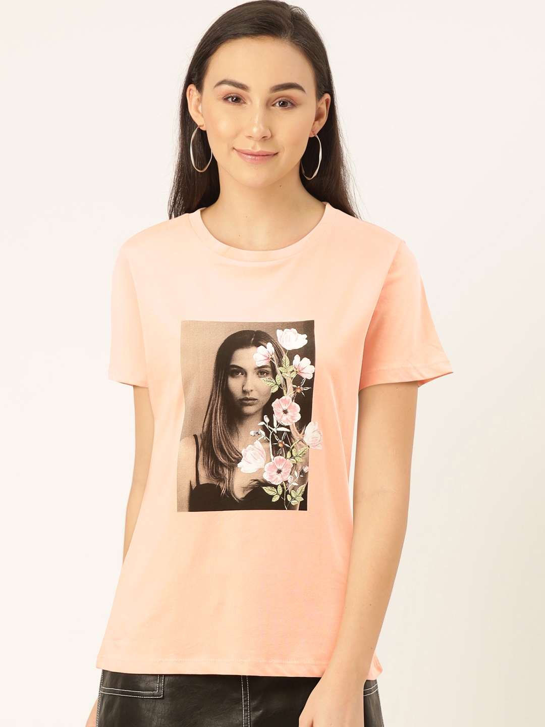 

Madame Women Peach-Coloured Black Printed Round Neck Pure Cotton T-shirt
