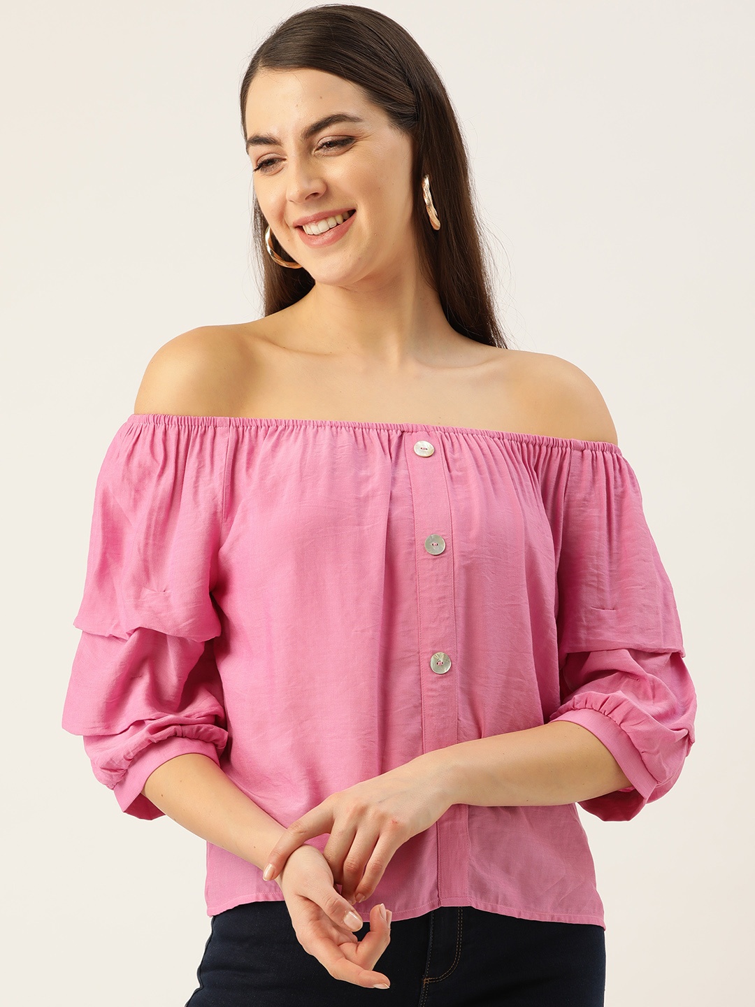 

Madame Women Pink Solid Off-Shoulder Top