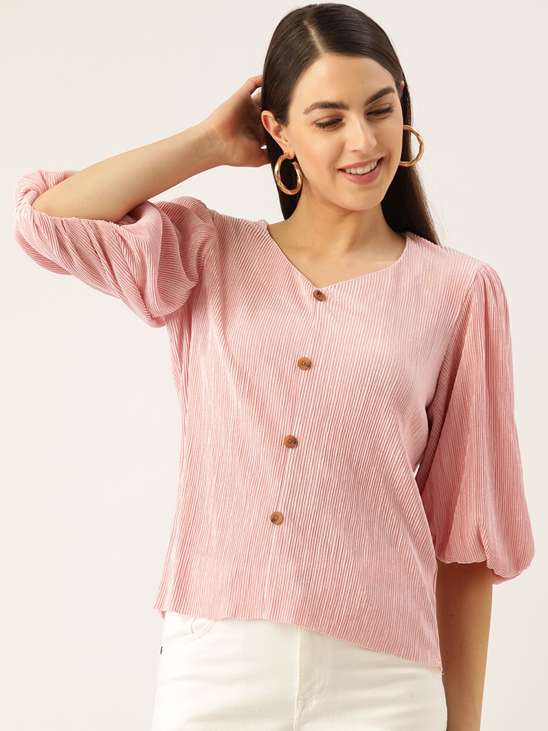 

Madame Women Pink Solid Micro Accordion Pleated Top