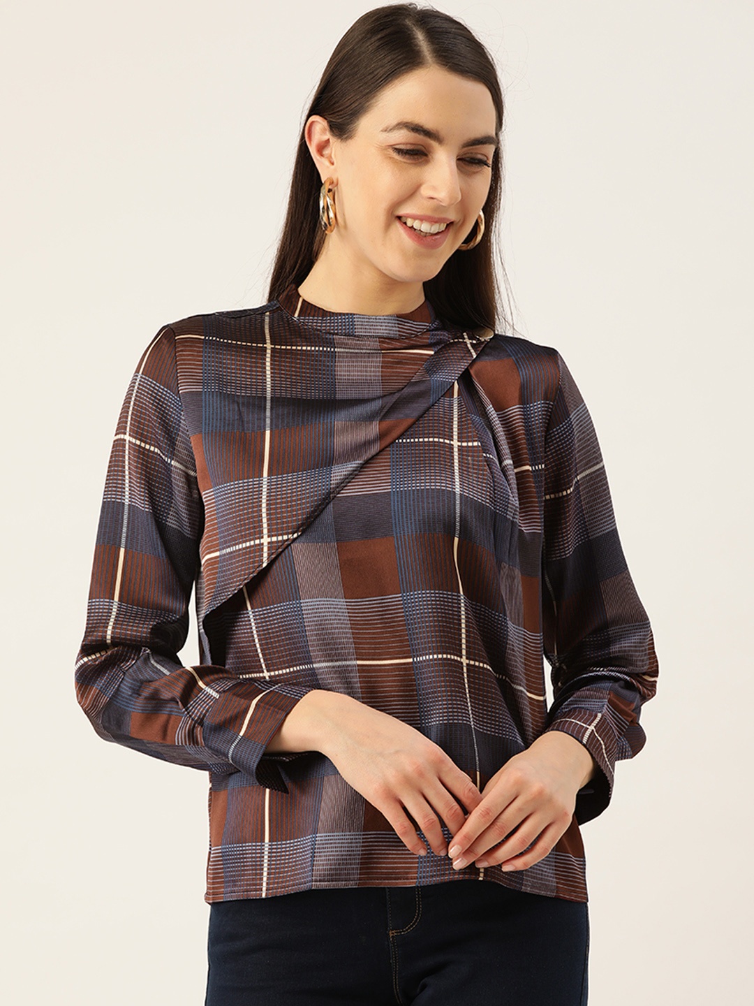 

Madame Women Navy Blue & Maroon Layered Checked Top