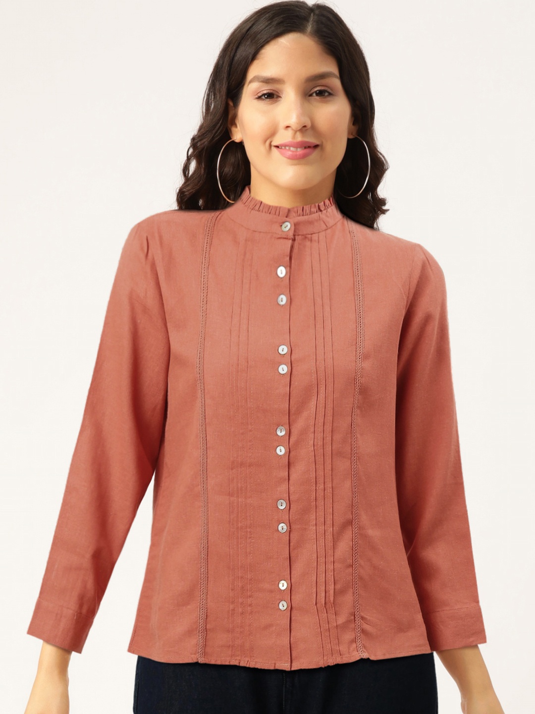 

Madame Women Rust Red Regular Fit Pleated Solid Casual Shirt