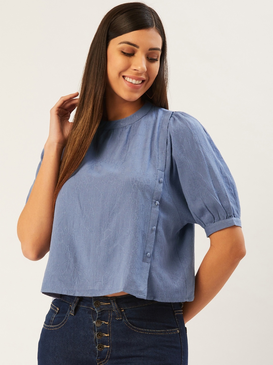 

Madame Women Blue Woven Design Pure Cotton Top