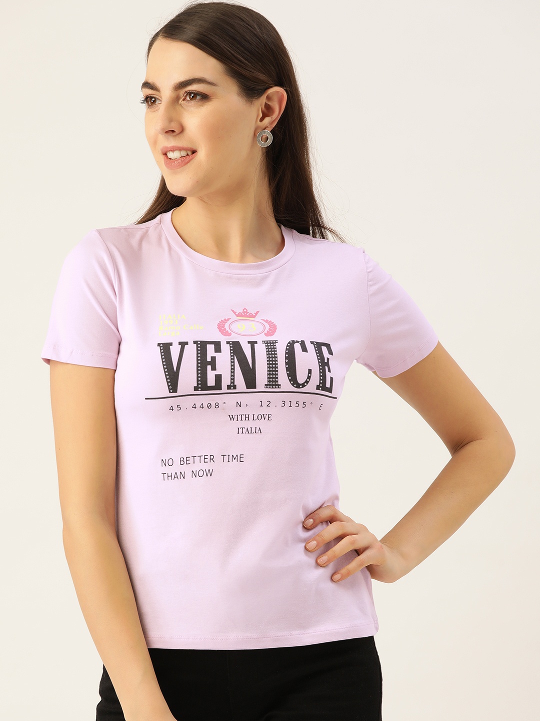 

Madame Women Lavender & Black Printed Round Neck T-shirt