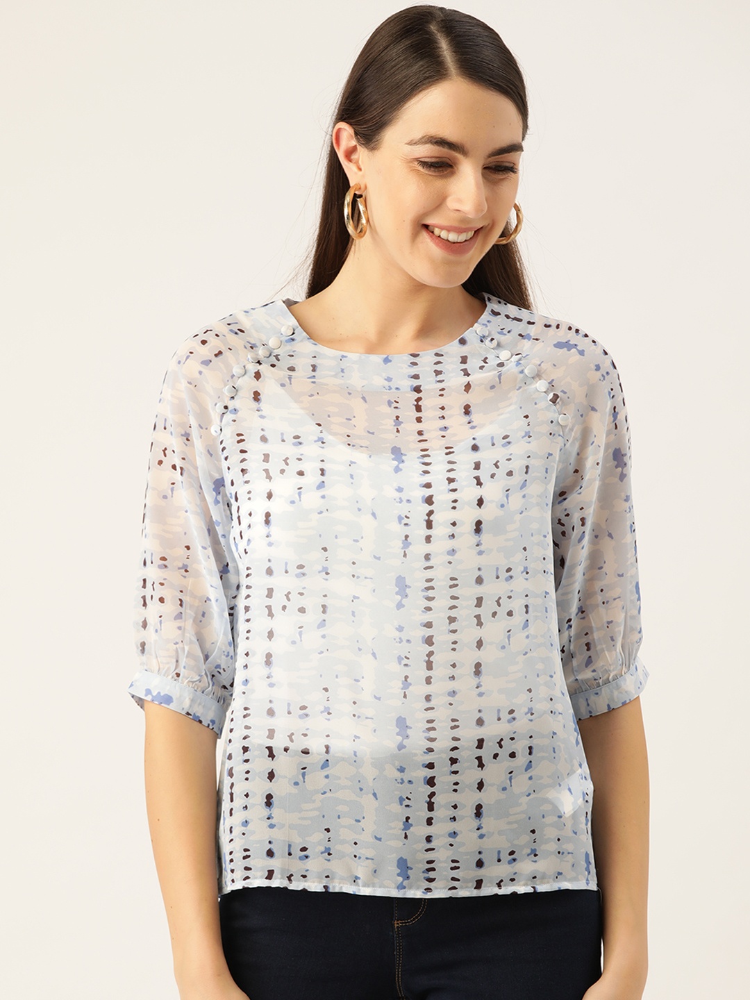 

Madame Women Blue & Black Printed Semi Sheer Top