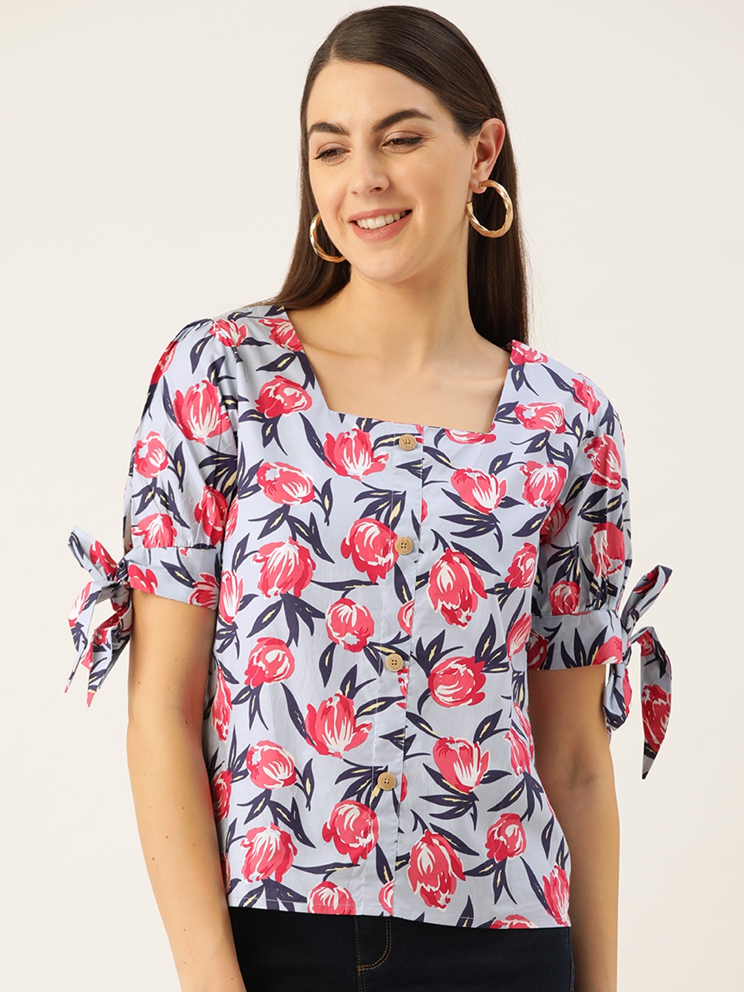 

Madame Women Blue & Pink Pure Cotton Floral Printed Top