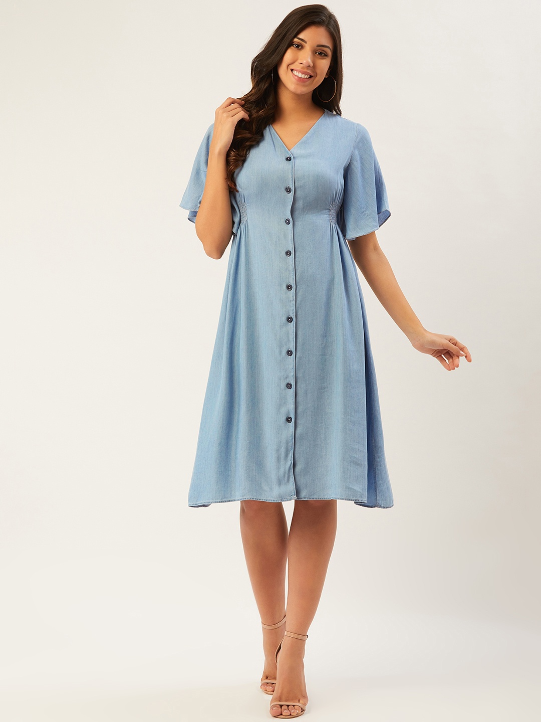 

Madame Women Blue Solid Chambray Buttoned A-Line Dress