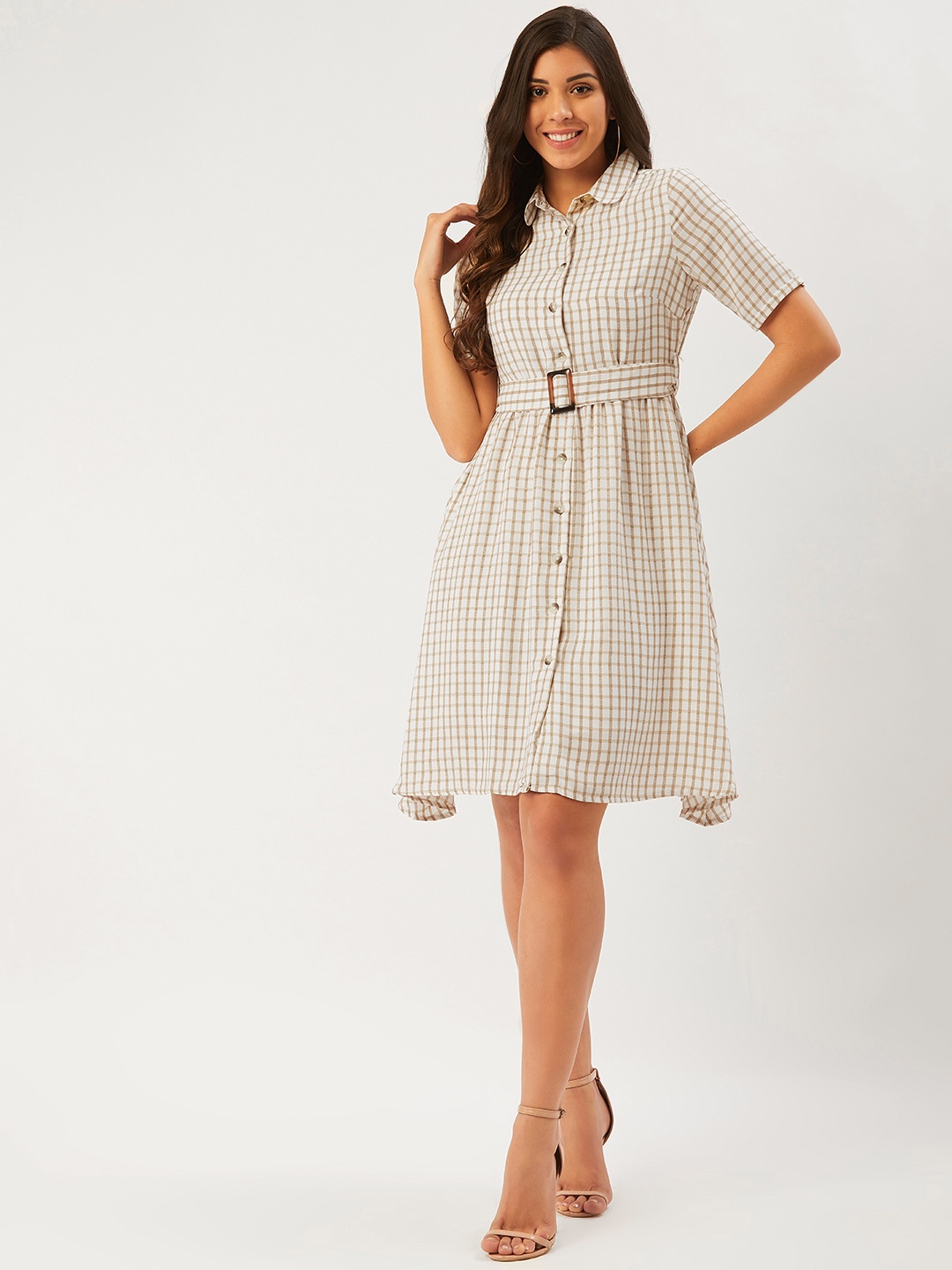 

Madame Women White & Beige Checked Shirt Dress with Belt