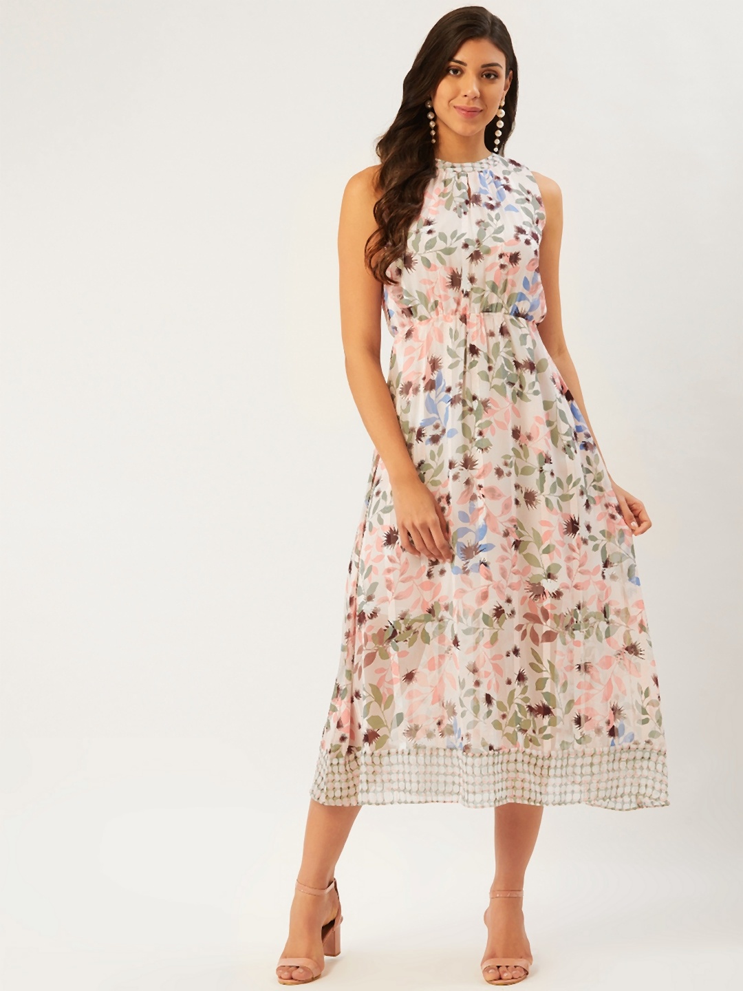 

Madame Women Off-White & Pink Semi-Sheer Floral Printed Fit and Flare Dress