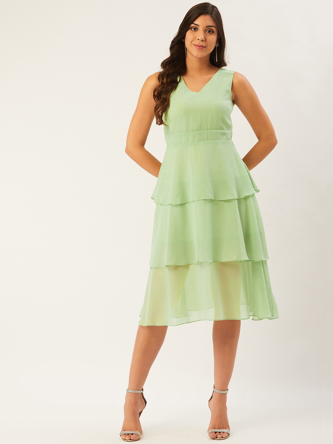 

Madame Women Green Semi-Sheer Solid Layered A-Line Dress