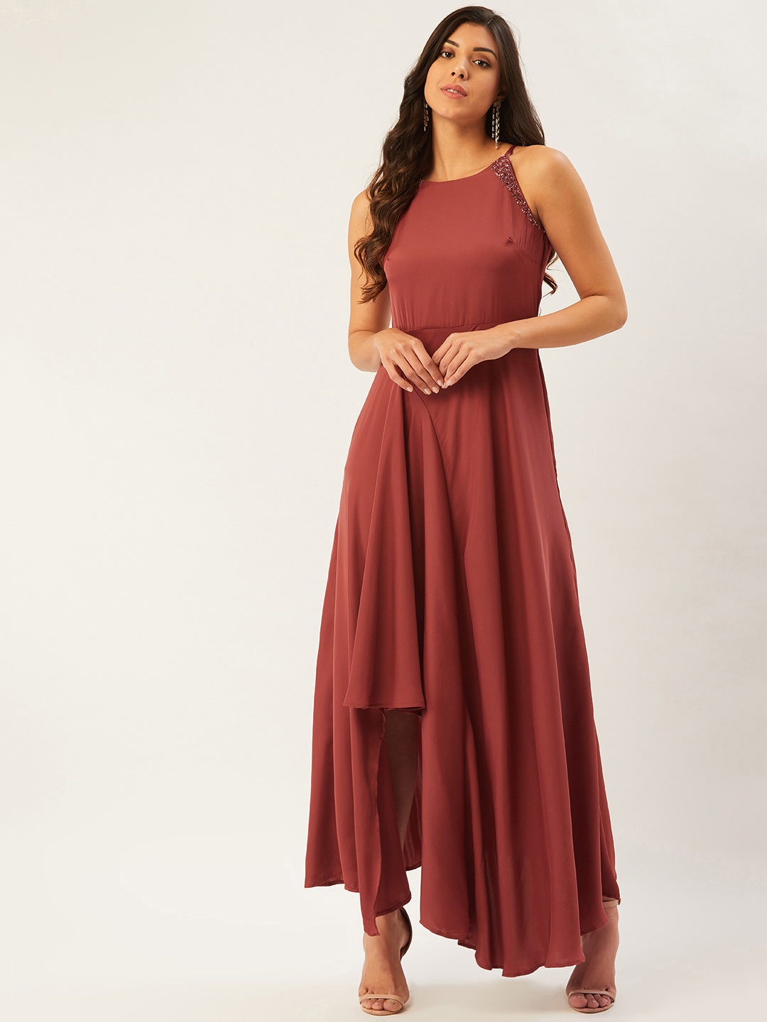 

Madame Women Rust Red Solid Asymmetric Maxi Dress