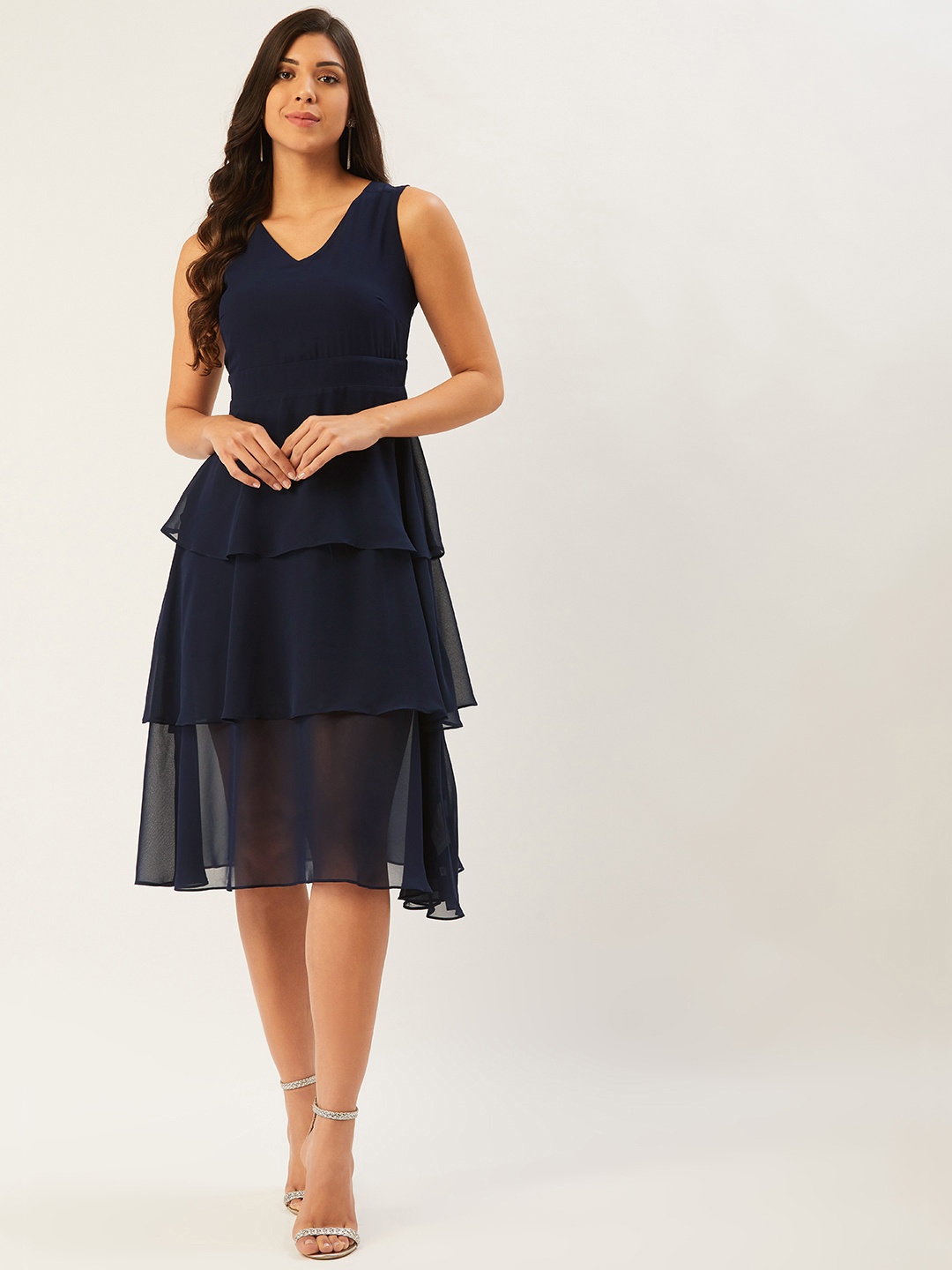 

Madame Women Navy Blue Semi-Sheer Solid Layered A-Line Dress