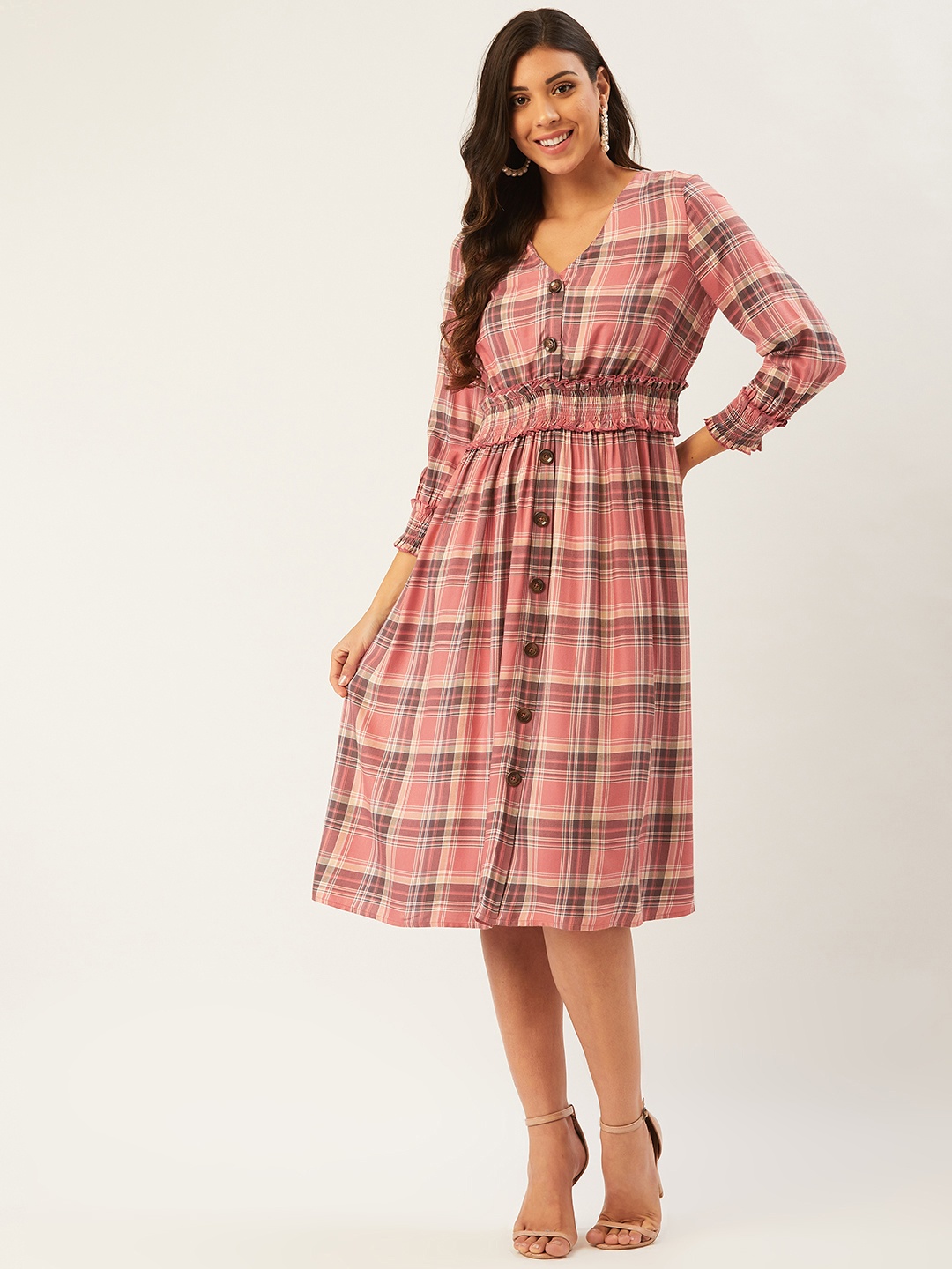 

Madame Women Dusty Pink & Charcoal Grey Checked A-Line Dress