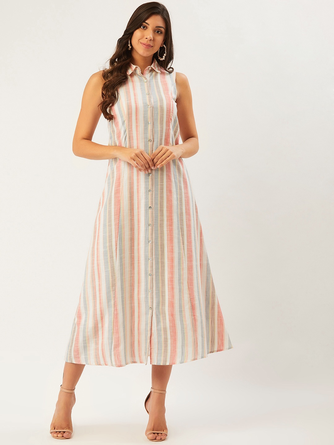 

Madame Women White & Coral Pink Cotton Striped Shirt Dress