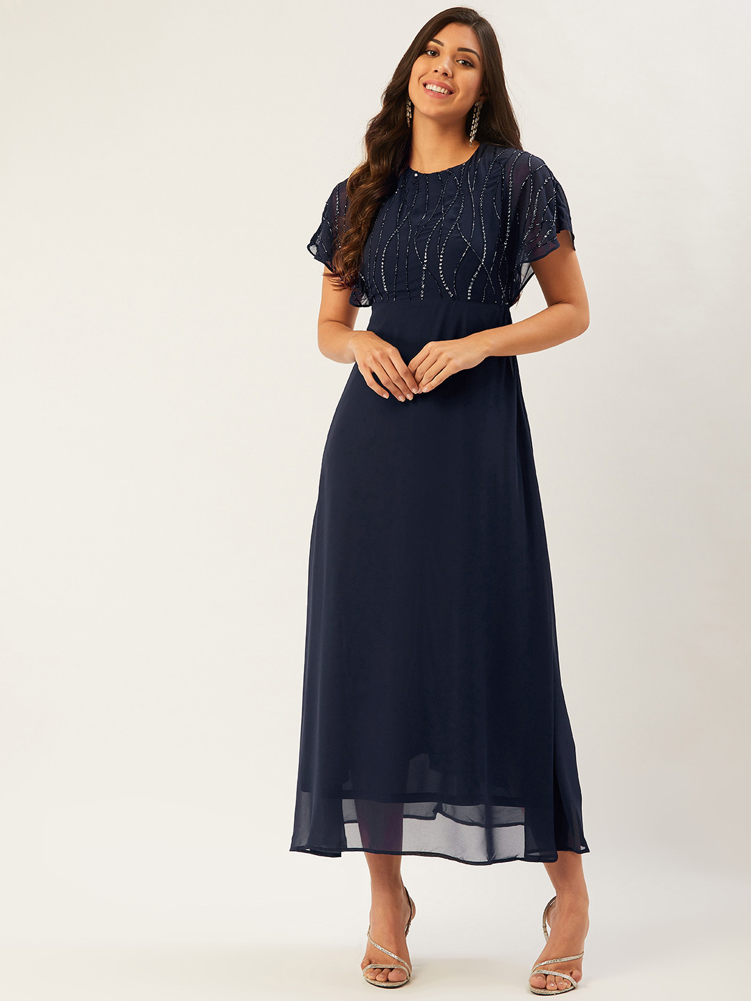

Madame Women Navy Blue Embellished Maxi Dress