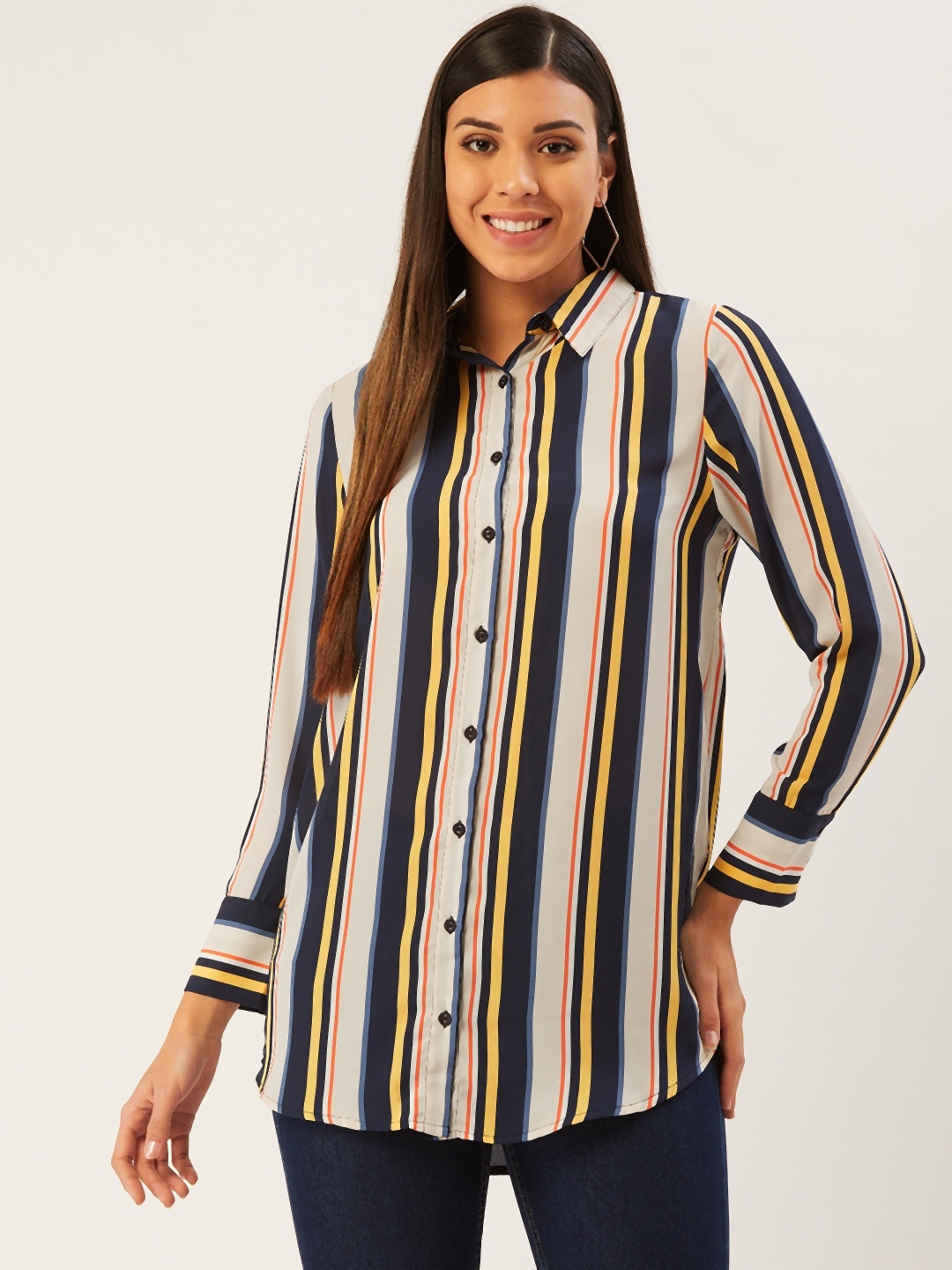 

Madame Women Navy Blue & Off-White Regular Fit Striped Longline Casual Shirt