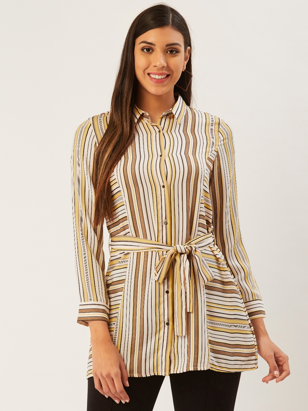 

Madame Women White & Yellow Regular Fit Striped Longline Casual Shirt