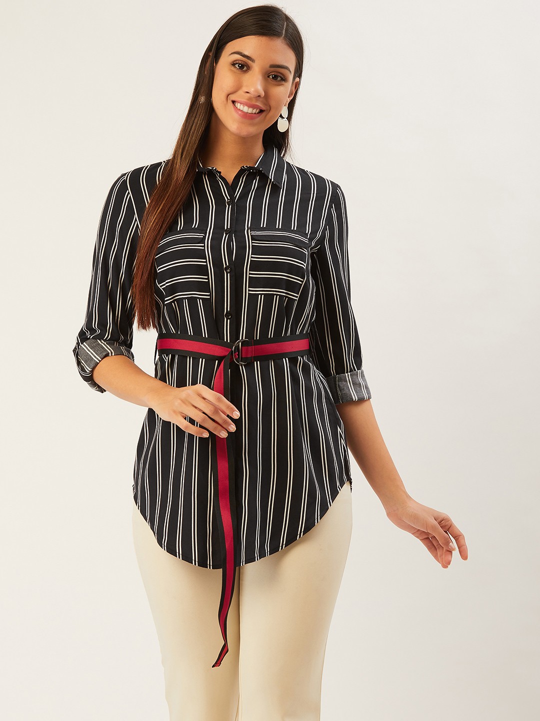 

Madame Women Black & White Regular Fit Striped Longline Casual Shirt with Belt