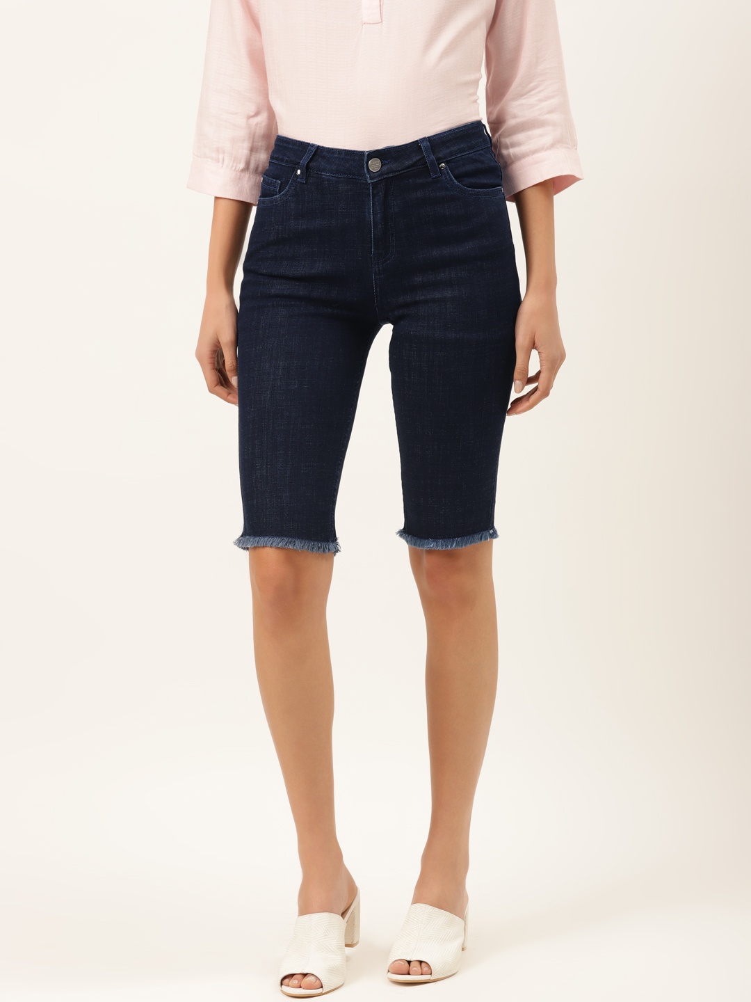

Madame Women Navy Blue Washed Regular Fit Knee-Length Denim Shorts