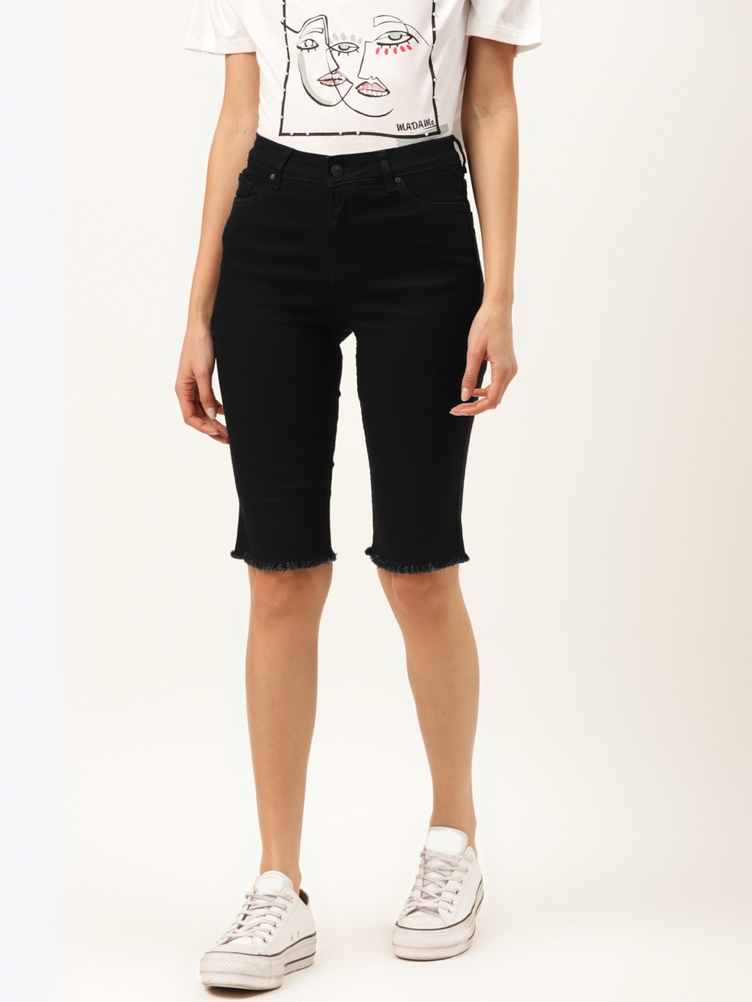 

Madame Women Black Solid Regular Fit Knee-Length Denim Shorts