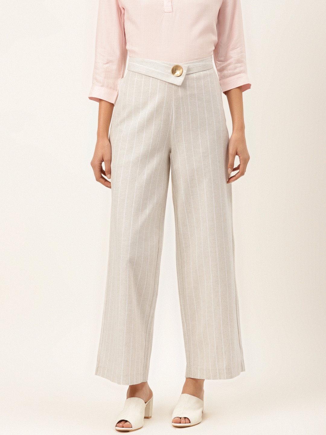 

Madame Women Cream-Coloured & Off-White Regular Fit Striped Parallel Trousers