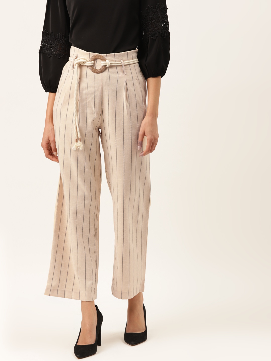 

Madame Women Beige & Black Regular Fit Striped Parallel Trousers