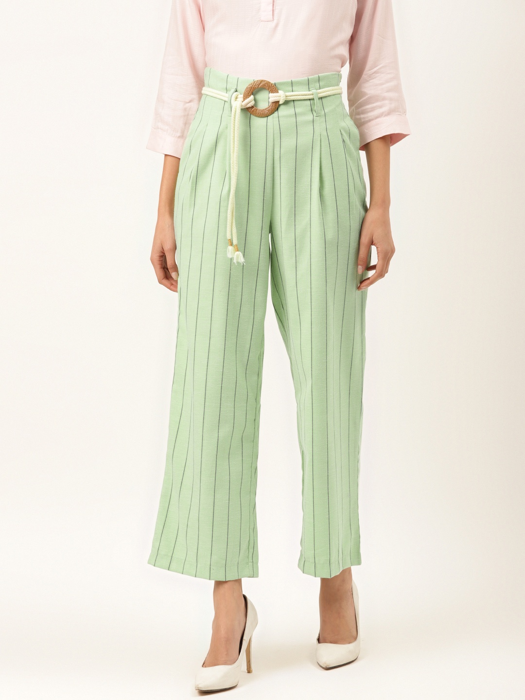 

Madame Women Sea Green & Black Regular Fit Striped Parallel Trousers