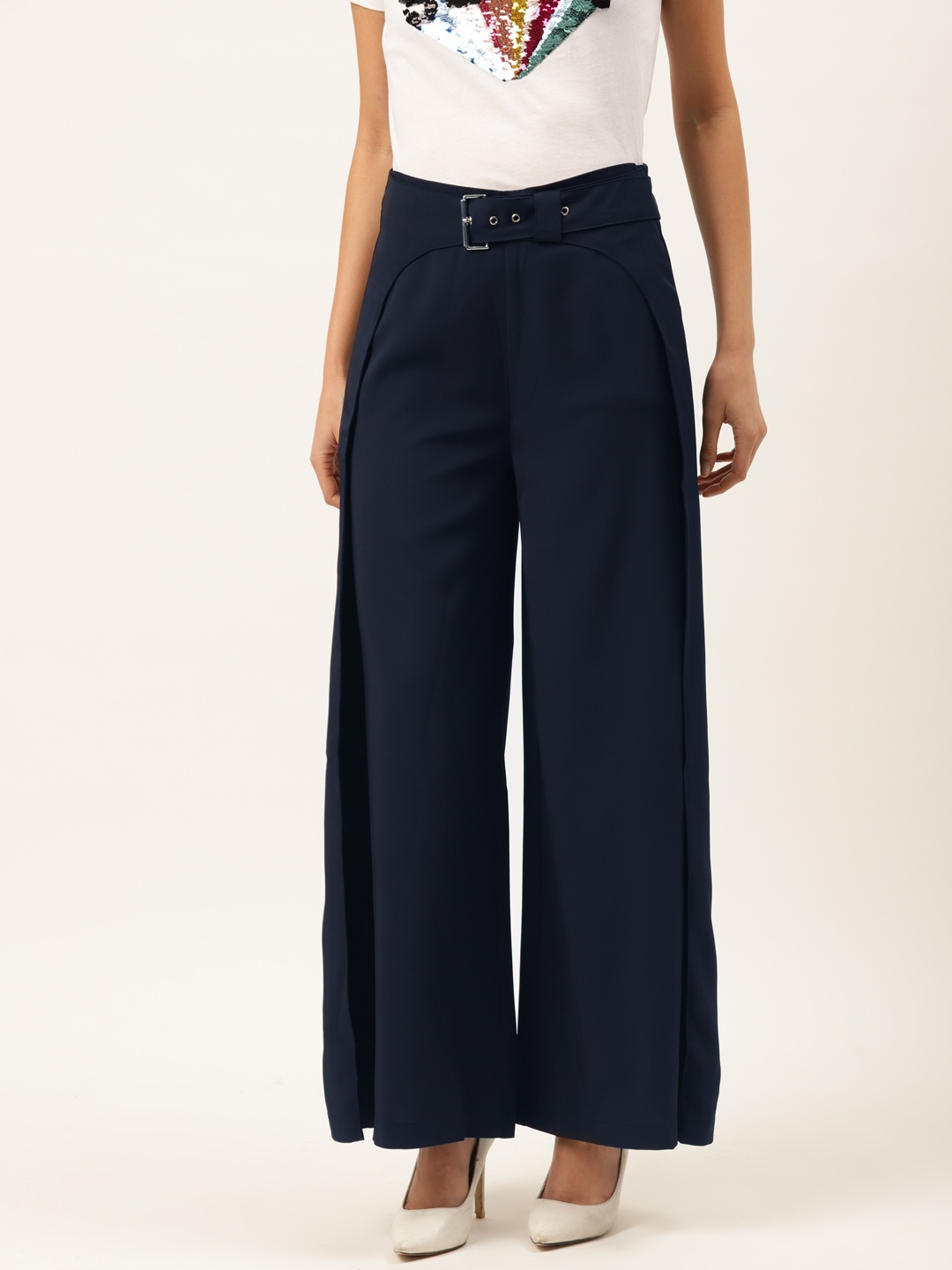 

Madame Women Navy Blue Regular Fit Solid Parallel Trousers