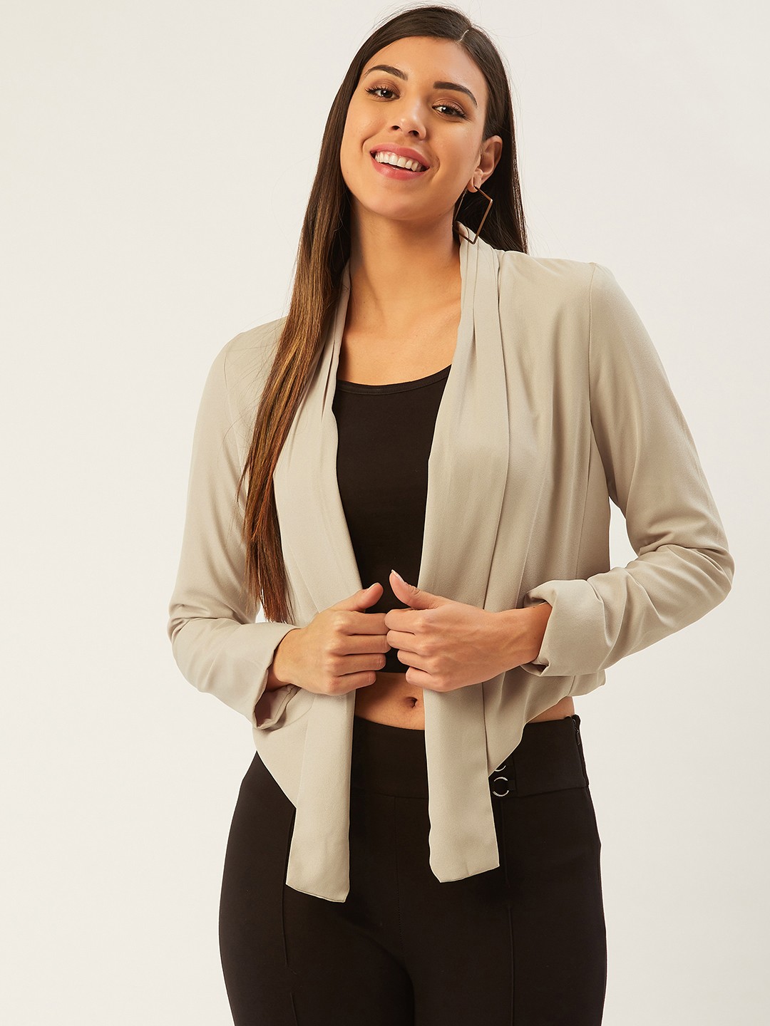 

Madame Women Beige Solid Regular Fit Open-Front Casual Blazer